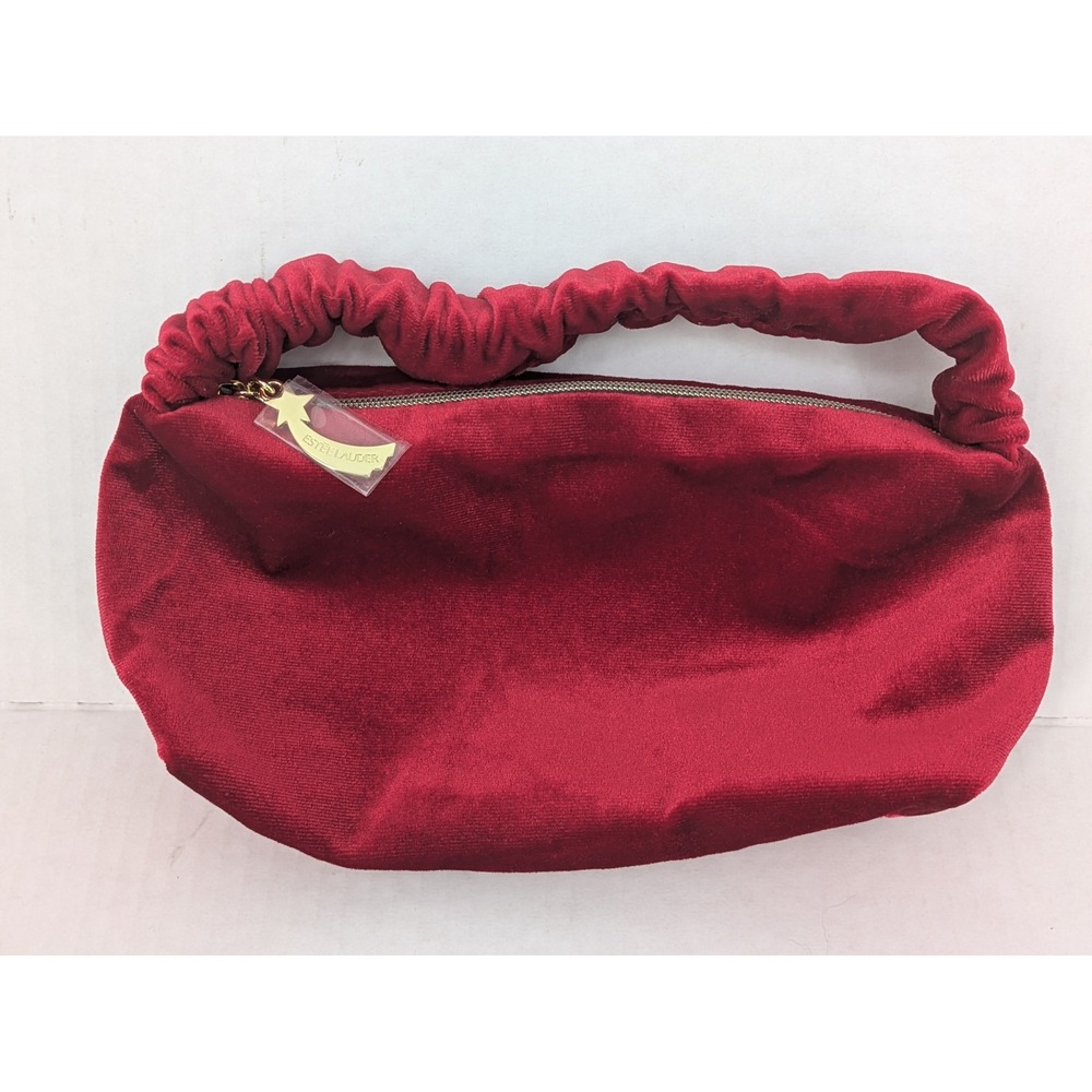 Estee Lauder Cosmetic Bag Red Velvet Ruched Handle Star Zipper Makeup Purse GWP
